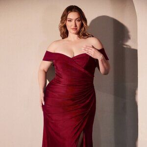 NEW OFF SHOULDER LONG PLUS SIZE DRESS W/ SWEETHEART NECK & SEXY LEG SLIT CD790C